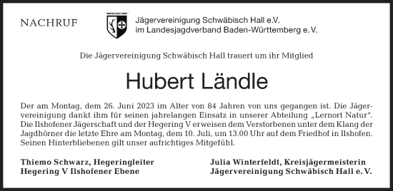 Traueranzeige von Hubert Ländle von Haller Tagblatt