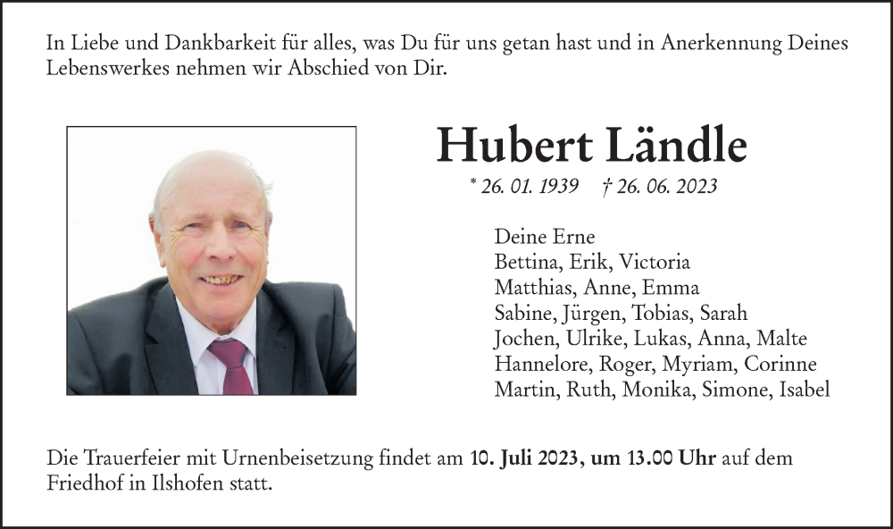  Traueranzeige für Hubert Ländle vom 01.07.2023 aus Haller Tagblatt