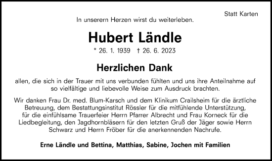 Traueranzeige von Hubert Ländle von Haller Tagblatt