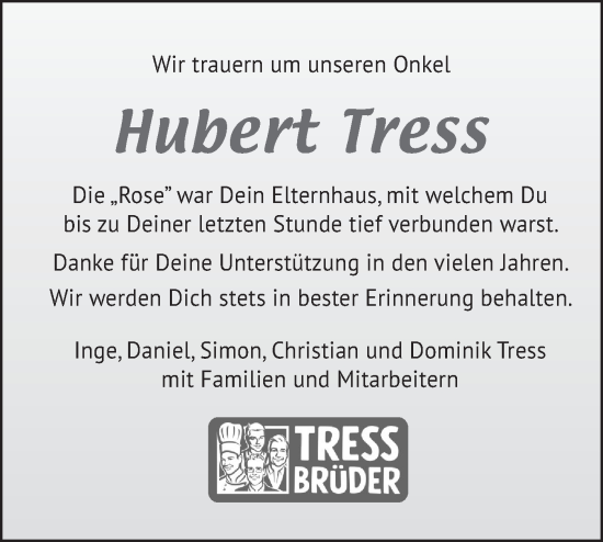 Traueranzeige von Hubert Tress von Alb-Bote/Metzinger-Uracher Volksblatt