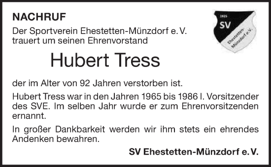 Traueranzeige von Hubert Tress von Alb-Bote