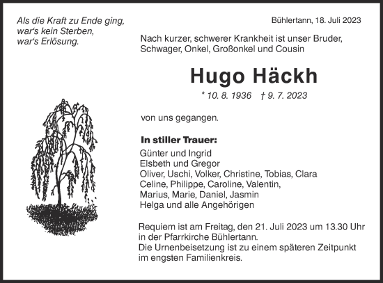 Traueranzeige von Hugo Häckh von Haller Tagblatt