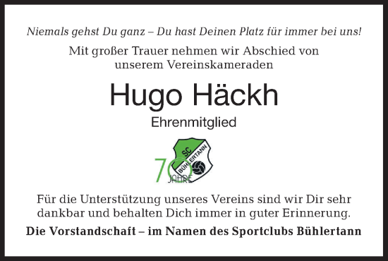 Traueranzeige von Hugo Häckh von Haller Tagblatt