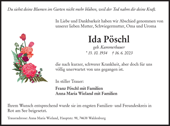 Traueranzeige von Ida Pöschl von Hohenloher Tagblatt