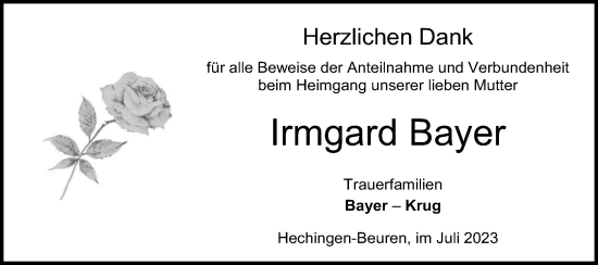 Traueranzeige von Irmgard Bayer von Hohenzollerische Zeitung