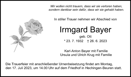 Traueranzeige von Irmgard Bayer von Hohenzollerische Zeitung