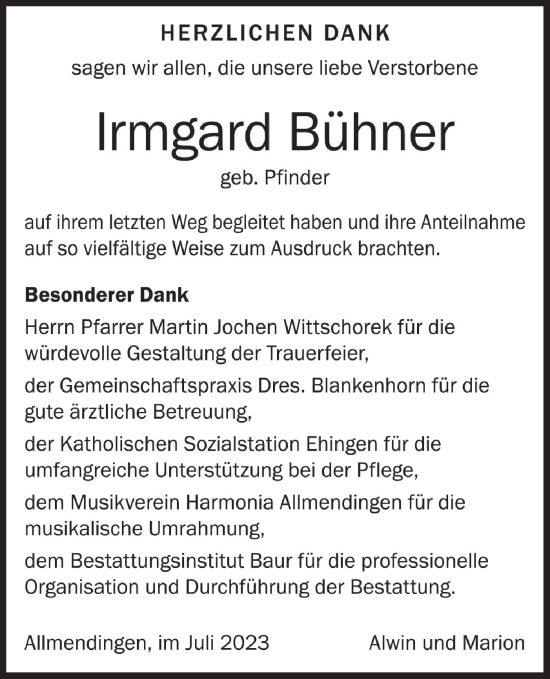 Traueranzeige von Irmgard Bühner von Ehinger Tagblatt