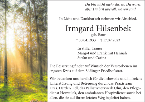 Traueranzeige von Irmgard Hilsenbek von SÜDWEST PRESSE Ausgabe Ulm/Neu-Ulm