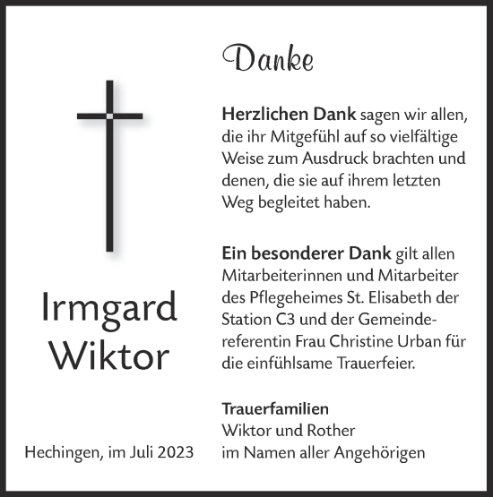 Traueranzeige von Irmgard Wiktor von Hohenzollerische Zeitung