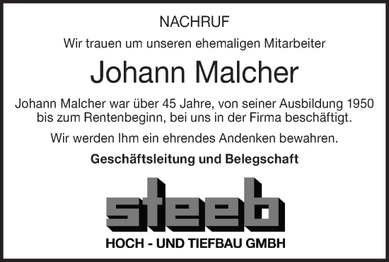 Traueranzeige von Johann Malcher von NWZ Neue Württembergische Zeitung