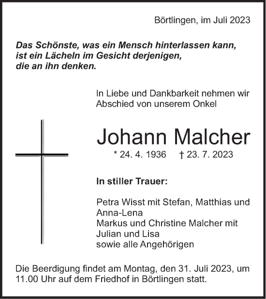 Traueranzeige von Johann Malcher von NWZ Neue Württembergische Zeitung