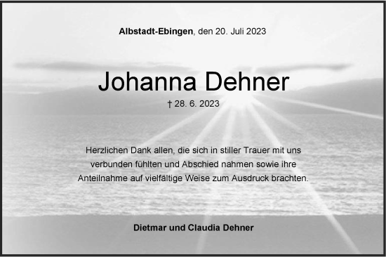 Traueranzeige von Johanna Dehner von Hohenzollerische Zeitung