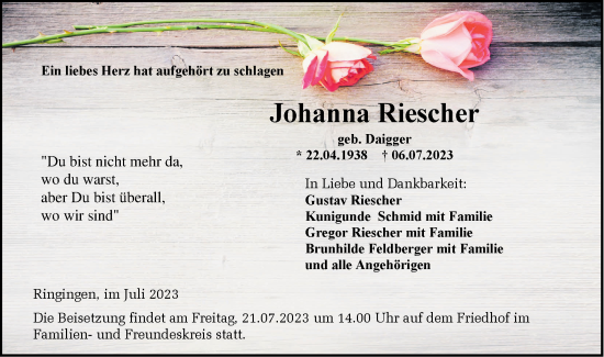 Traueranzeige von Johanna Riescher von Hohenzollerische Zeitung