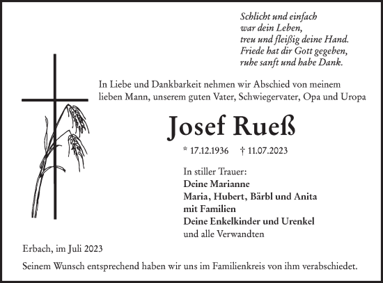 Traueranzeige von Josef Rueß von SÜDWEST PRESSE Ausgabe Ulm/Neu-Ulm