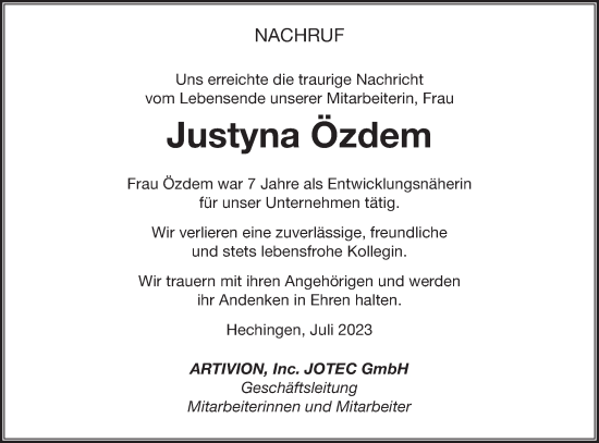 Traueranzeige von Justyna Özdem von Hohenzollerische Zeitung