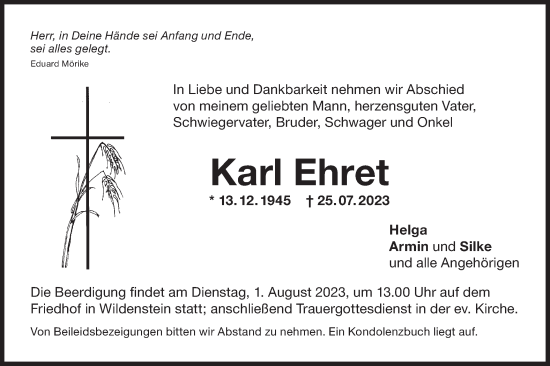 Traueranzeige von Karl Ehret von Hohenloher Tagblatt