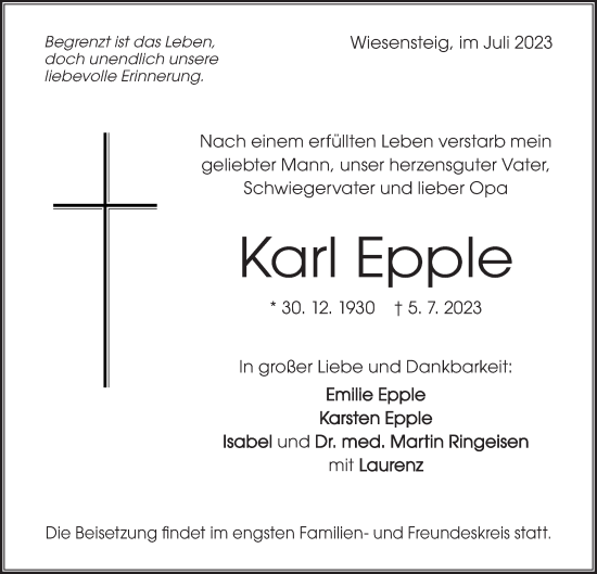 Traueranzeige von Karl Epple von Geislinger Zeitung