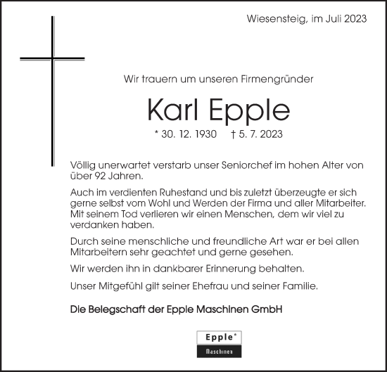 Traueranzeige von Karl Epple von Geislinger Zeitung