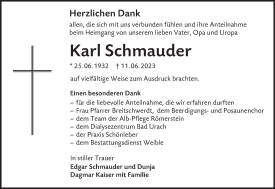 Traueranzeige von Karl Schmauder von Alb-Bote/Metzinger-Uracher Volksblatt