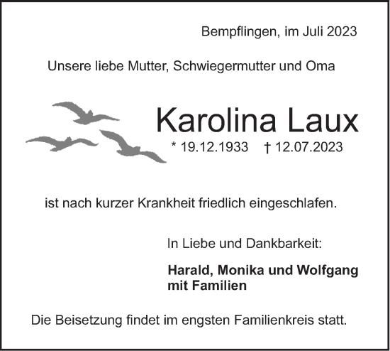 Traueranzeige von Karolina Laux von SÜDWEST PRESSE/SÜDWEST PRESSE