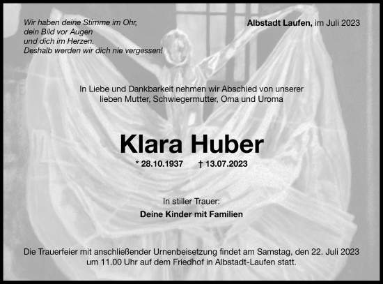 Traueranzeige von Klara Huber von Hohenzollerische Zeitung