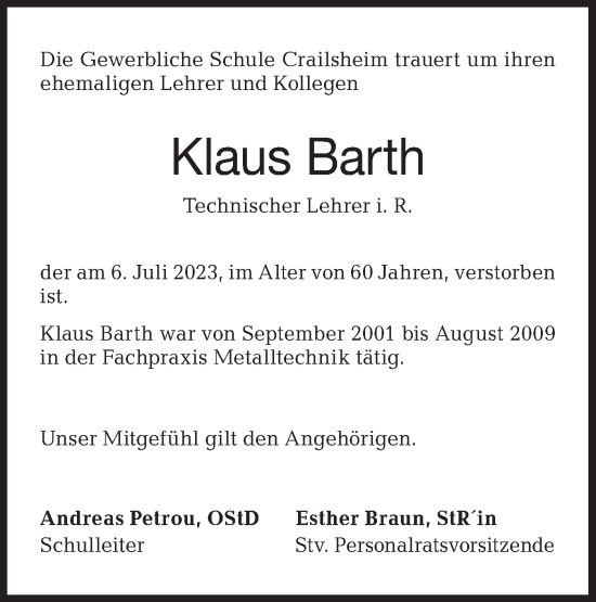 Traueranzeige von Klaus Barth von Hohenloher Tagblatt