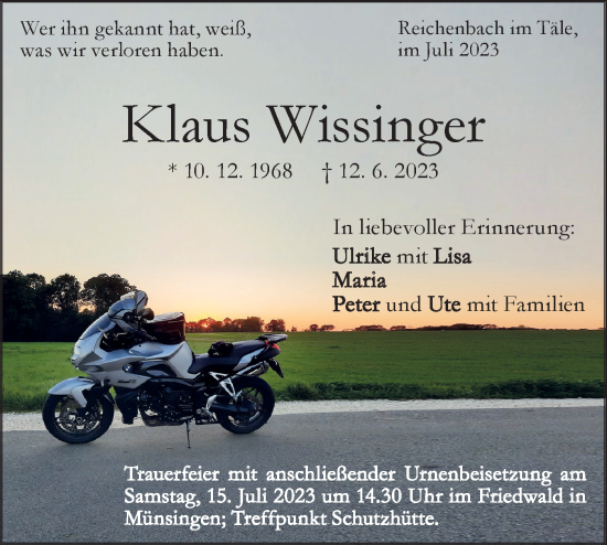 Traueranzeige von Klaus Wissinger von Geislinger Zeitung