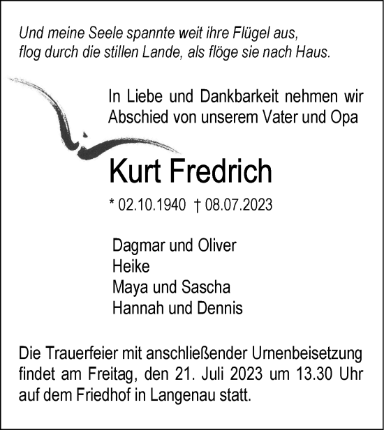 Traueranzeige von Kurt Fredrich von SÜDWEST PRESSE Ausgabe Ulm/Neu-Ulm