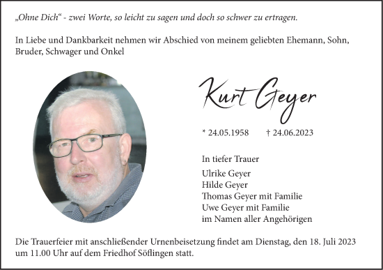 Traueranzeige von Kurt Geyer von SÜDWEST PRESSE Ausgabe Ulm/Neu-Ulm