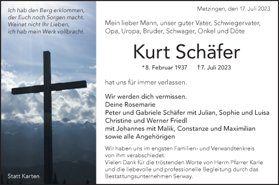 Traueranzeige von Kurt Schäfer von SÜDWEST PRESSE/SÜDWEST PRESSE