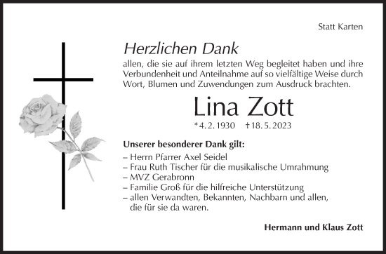 Traueranzeige von Lina Zott von Hohenloher Tagblatt