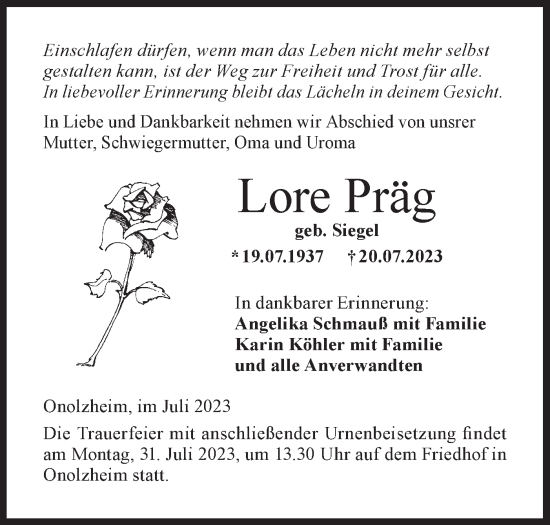 Traueranzeige von Lore Präg von Hohenloher Tagblatt