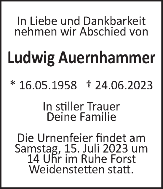 Traueranzeige von Ludwig Auernhammer von SÜDWEST PRESSE Ausgabe Ulm/Neu-Ulm