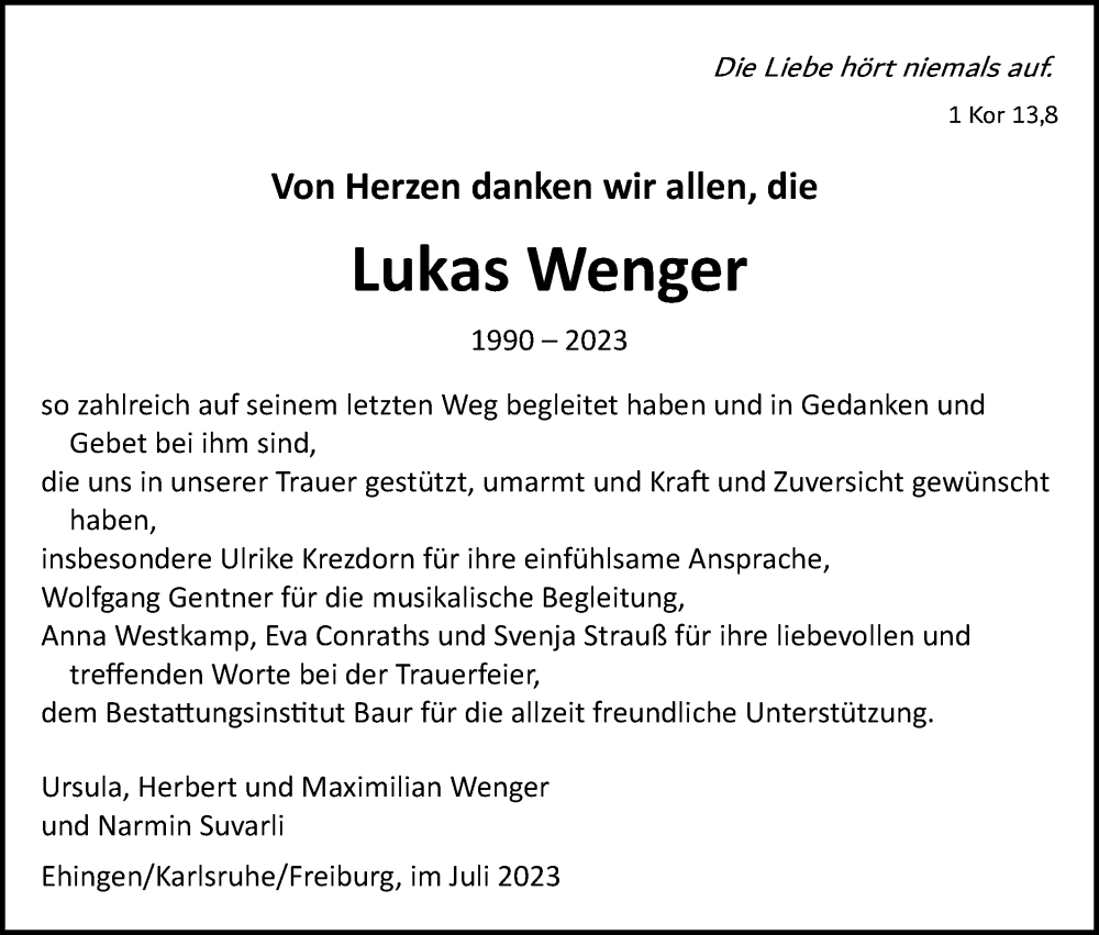 Traueranzeigen von Lukas Wenger | Südwest Presse Trauer