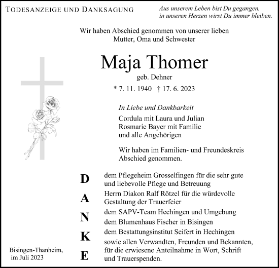 Traueranzeige von Maja Thomer von Hohenzollerische Zeitung