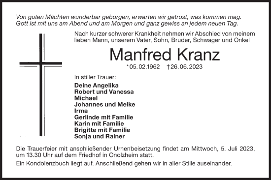 Traueranzeige von Manfred Kranz von Hohenloher Tagblatt