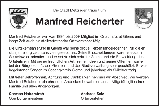 Traueranzeige von Manfred Reicherter von Metzinger-Uracher Volksblatt