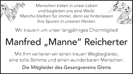 Traueranzeige von Manfred Reicherter von Metzinger-Uracher Volksblatt