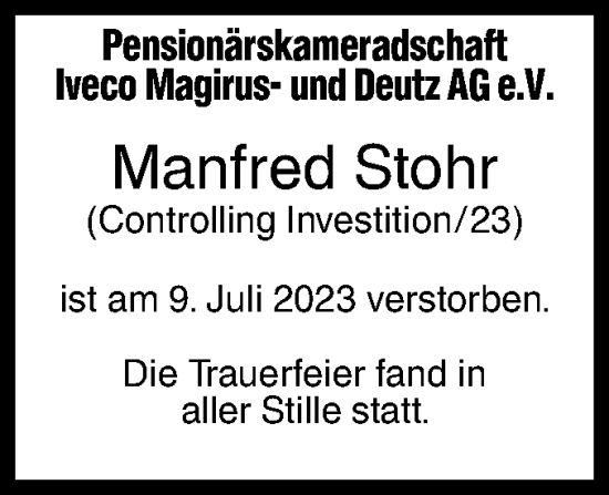 Traueranzeige von Manfred Stohr von SÜDWEST PRESSE Ausgabe Ulm/Neu-Ulm