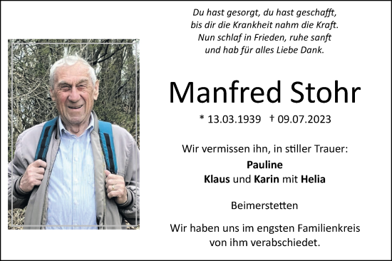 Traueranzeige von Manfred Stohr von SÜDWEST PRESSE Ausgabe Ulm/Neu-Ulm