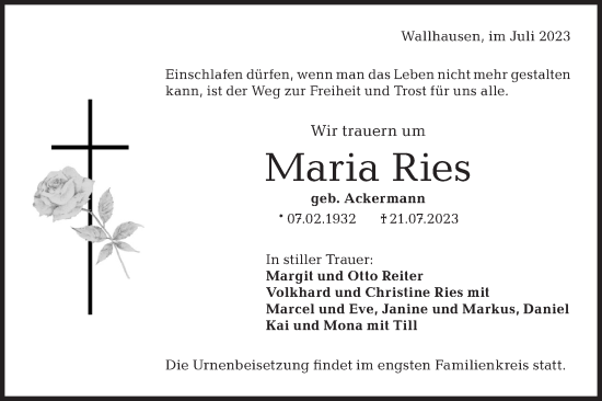 Traueranzeige von Maria Ries von Hohenloher Tagblatt