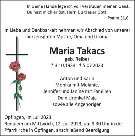 Traueranzeige von Maria Takacs von Ehinger Tagblatt