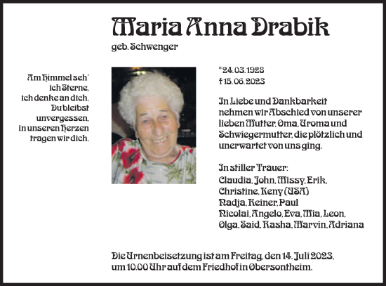 Traueranzeige von Maria Anna Drabik von Haller Tagblatt