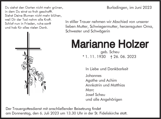 Traueranzeige von Marianne Holzer von Hohenzollerische Zeitung