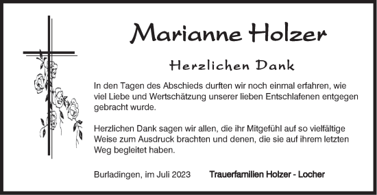 Traueranzeige von Marianne Holzer von Hohenzollerische Zeitung