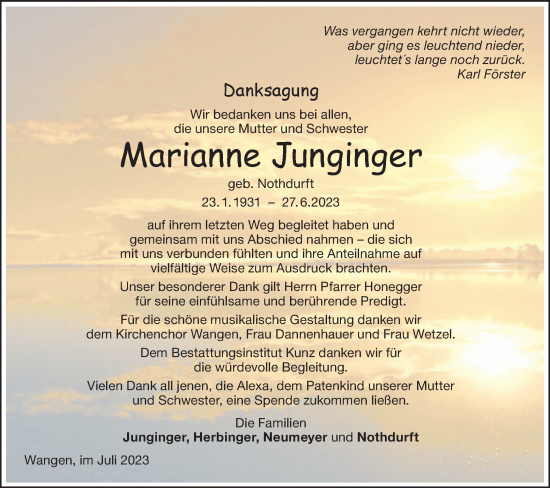 Traueranzeige von Marianne Junginger von NWZ Neue Württembergische Zeitung/Geislinger Zeitung