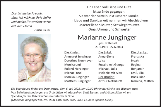 Traueranzeige von Marianne Junginger von NWZ Neue Württembergische Zeitung/Geislinger Zeitung