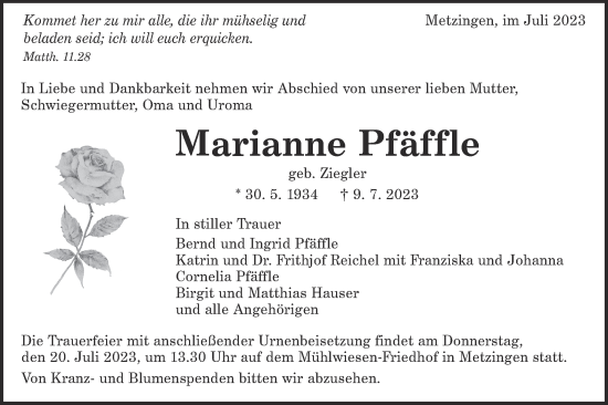 Traueranzeige von Marianne Pfäffle von Alb-Bote/Metzinger-Uracher Volksblatt