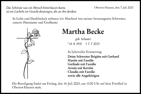 Traueranzeige von Martha Becke von Rundschau Gaildorf