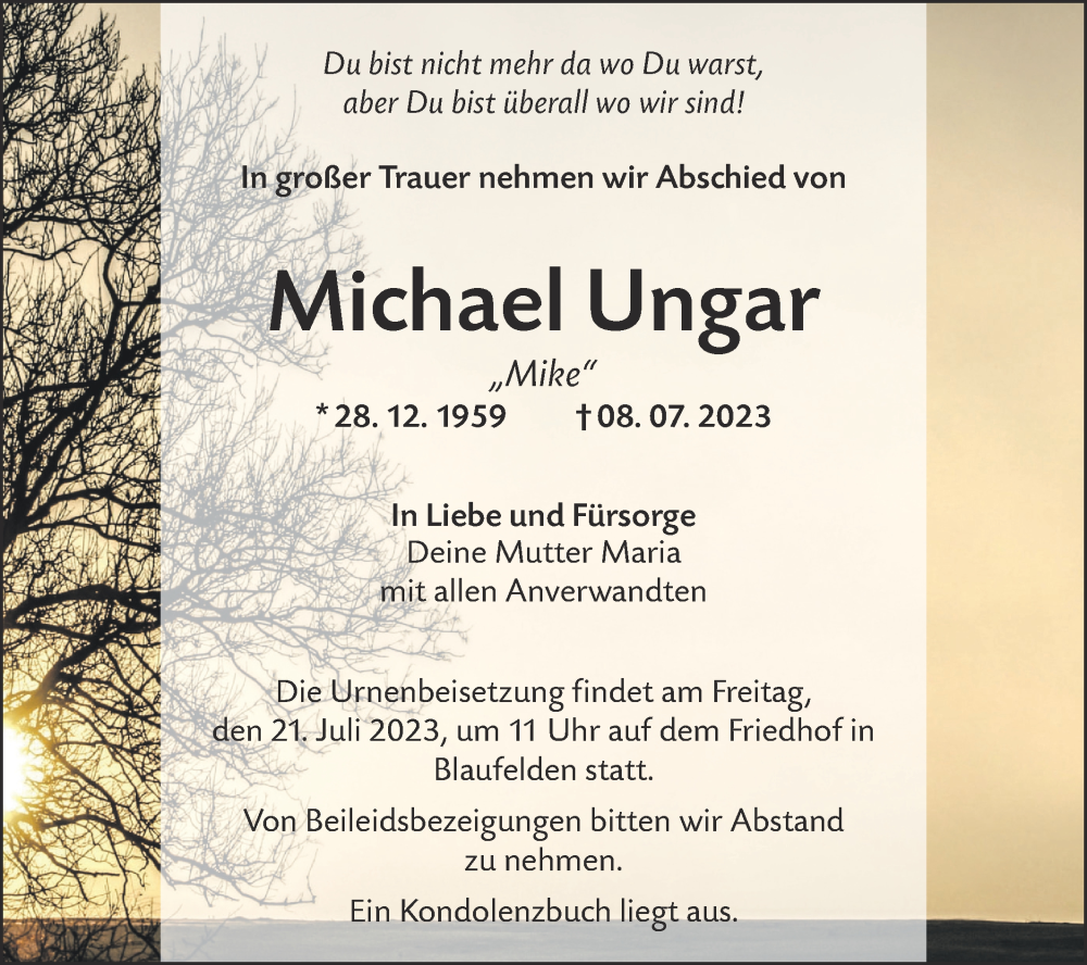  Traueranzeige für Michael Ungar vom 18.07.2023 aus Hohenloher Tagblatt